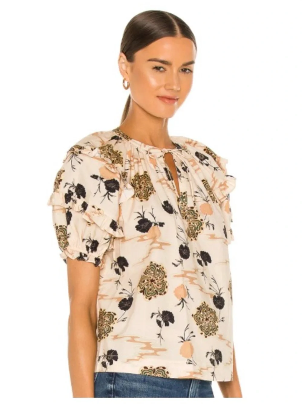 Ulla Johnson Mari Floral Puff Sleeve Ruffle Popover Peasant Poplin Blouse 0